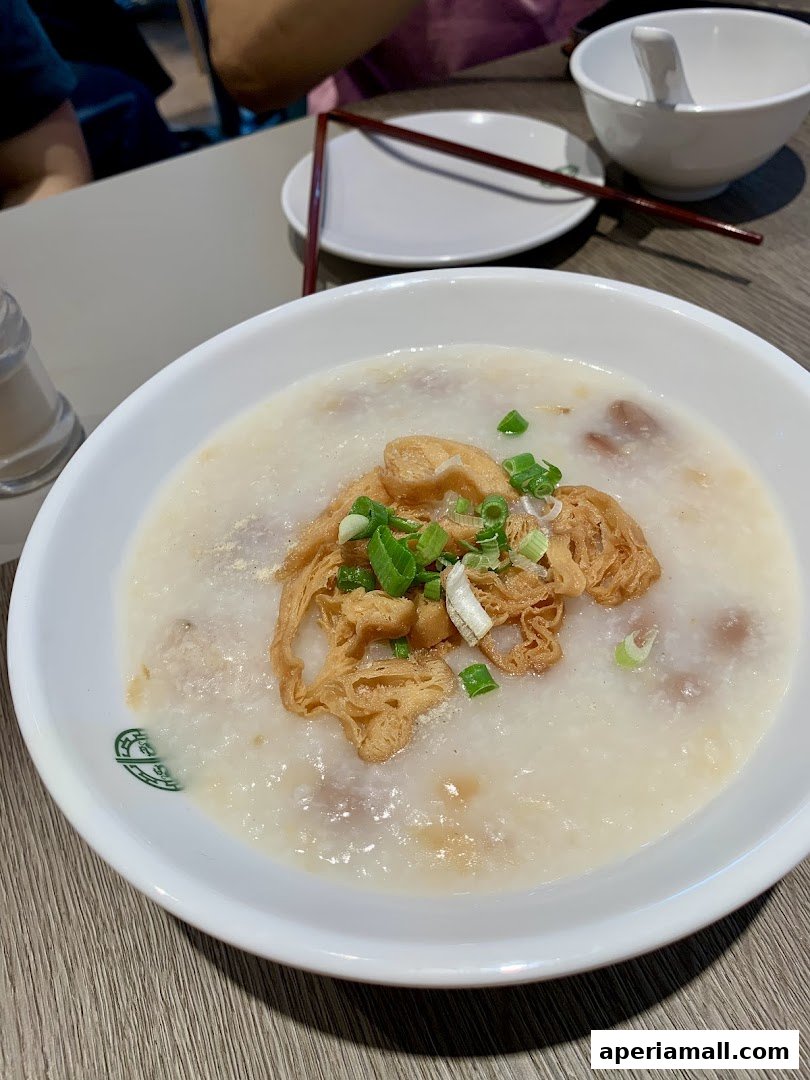 A close-up of a bowl of congee topped with fried dough and green onions.