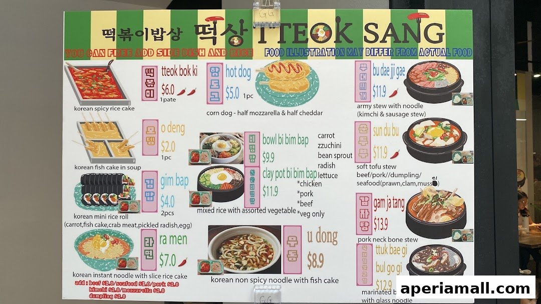 A menu board for TTEOK SANG featuring various Korean dishes with illustrations and prices.