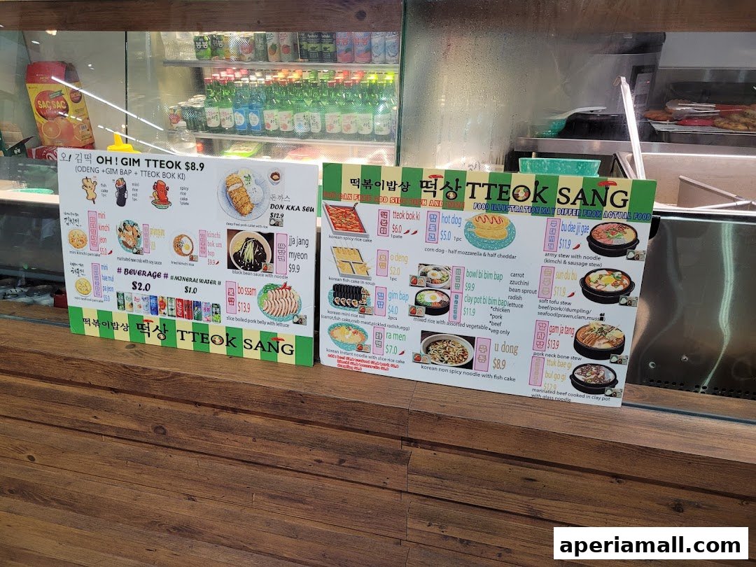 A menu board for TTEOK SANG featuring various Korean dishes with illustrations and prices.