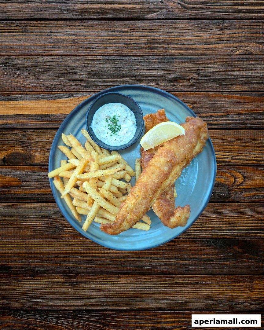 A plate of crispy fish and chips with tartar sauce and a lemon wedge.