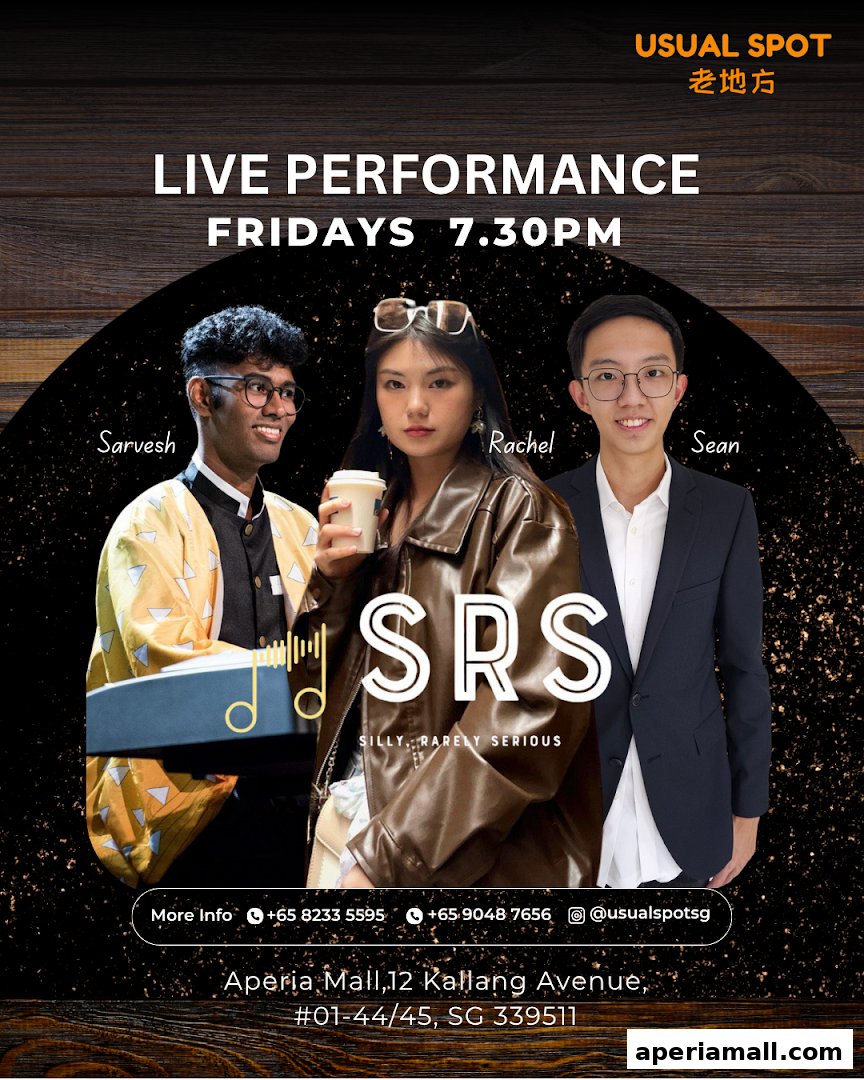 Usual Spot advertises live performances by SRS every Friday at 7:30 PM.