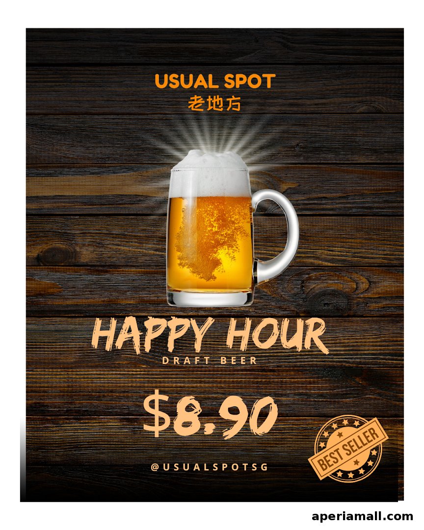 A mug of draft beer with a 'Happy Hour' promotion and price displayed.