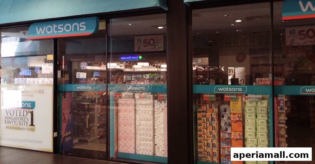 The exterior of a Watsons health and beauty store, showcasing its products and branding.