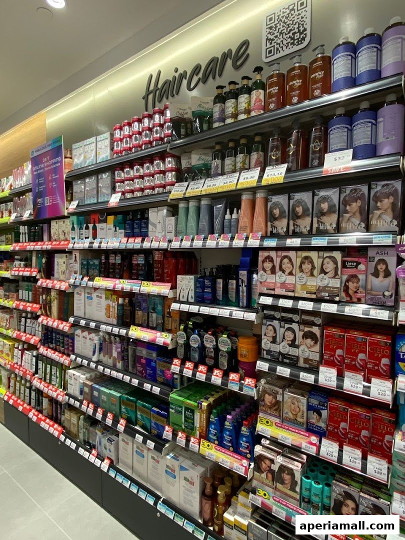 Shelves stocked with various haircare products, including shampoos, conditioners, and hair dyes.