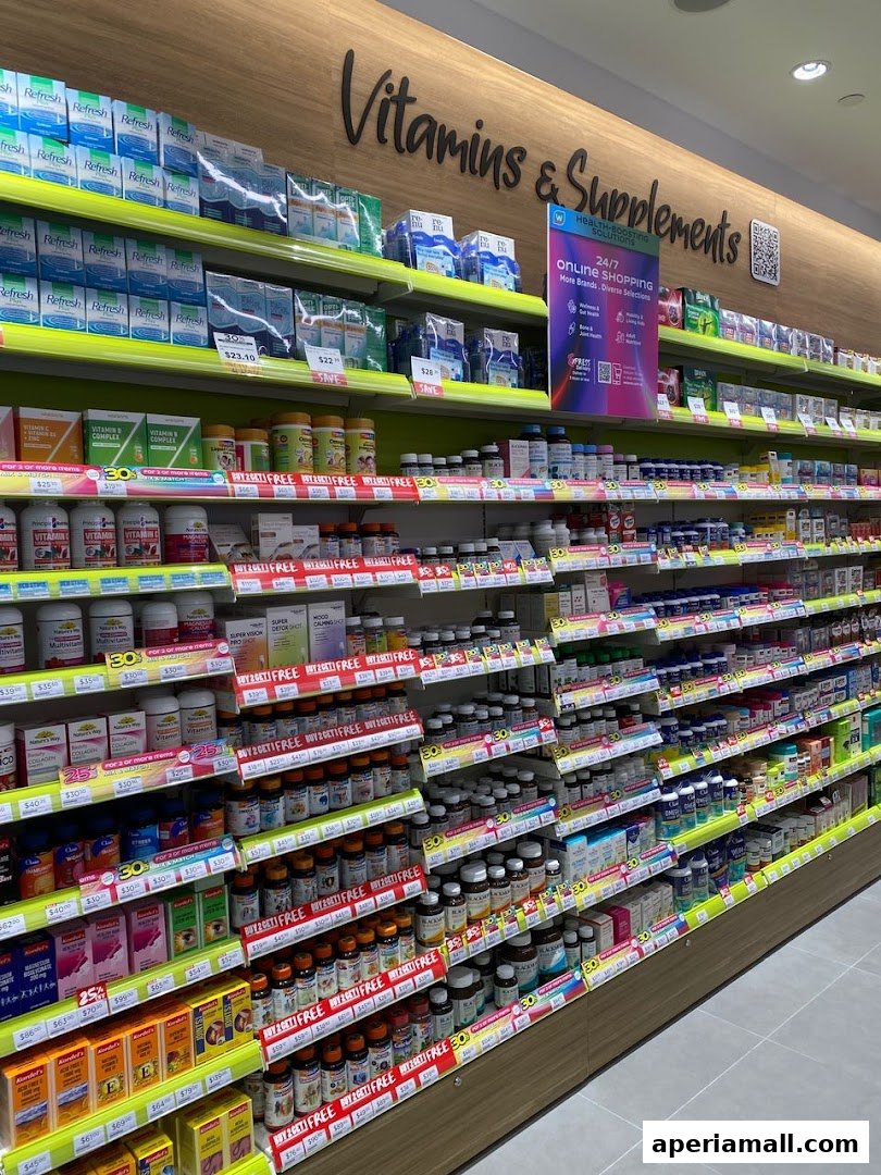 Shelves stocked with various vitamins, supplements, and health products in a Watsons store.