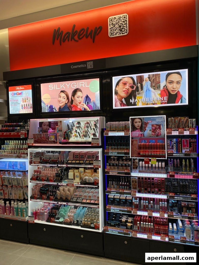 A well-lit display of makeup and cosmetics, featuring brands like Maybelline and Silkygirl.