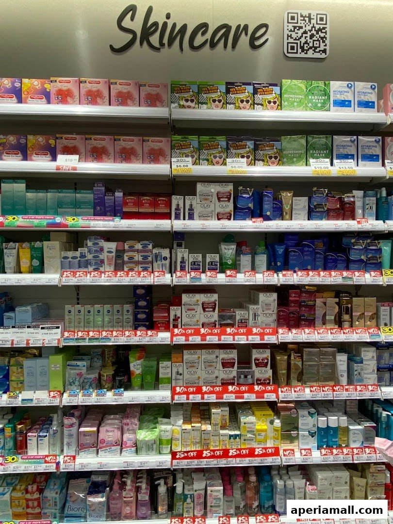 Shelves stocked with various skincare products, including masks, serums, and moisturizers, with sale signs.