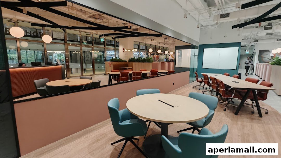 Modern office interior with meeting tables, chairs, and a reception area.