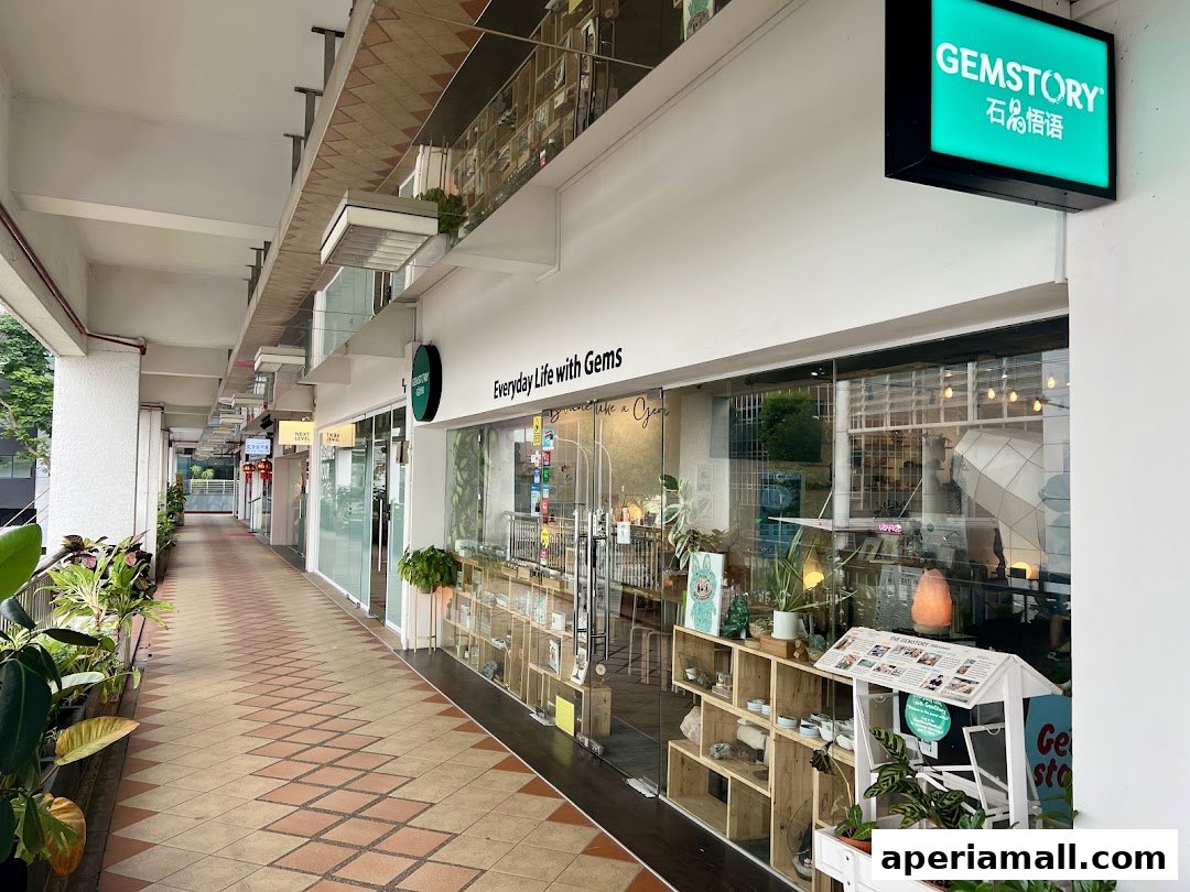 A storefront for WellnessGemstory, showcasing a variety of gems and wellness products.