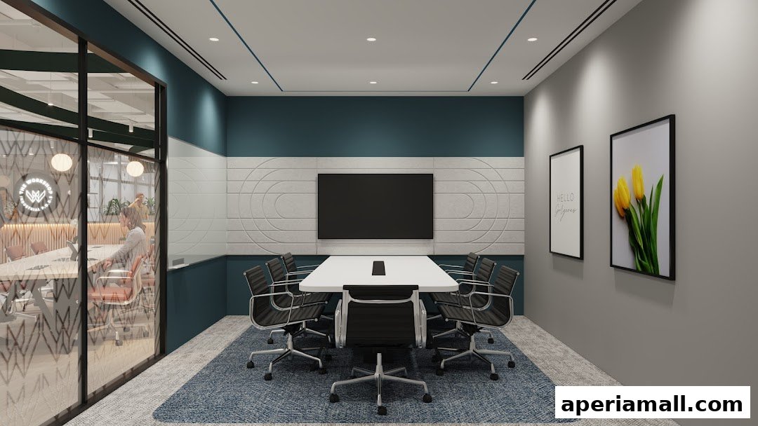 A modern conference room with a large screen, a white table, and chairs.