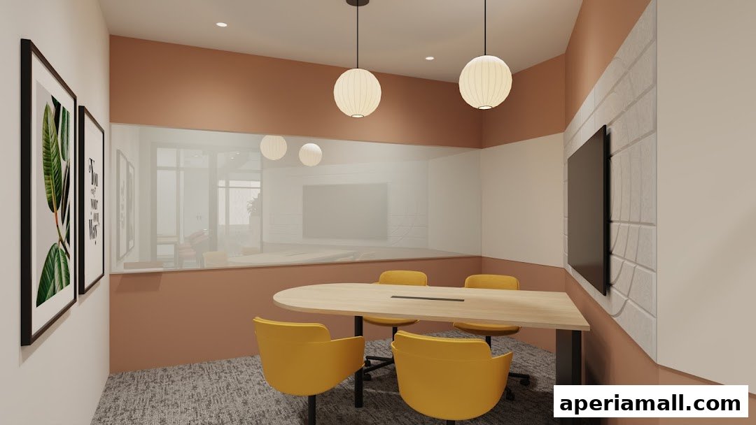A modern meeting room with a large oval table, yellow chairs, and a screen on the wall.