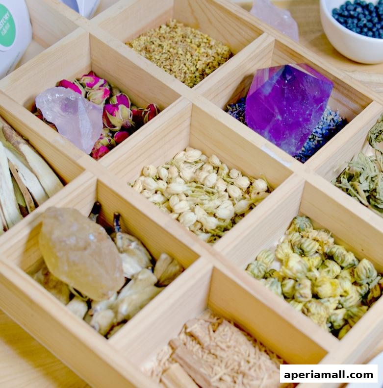 A wooden organizer filled with various natural ingredients and crystals.