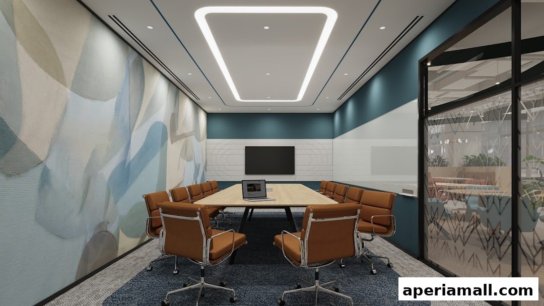 A modern conference room with a long table, chairs, and a large screen.