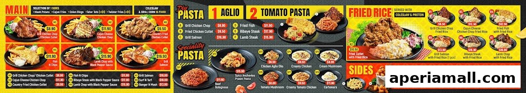 A vibrant menu showcasing a variety of main dishes, pastas, fried rice, and sides with prices.