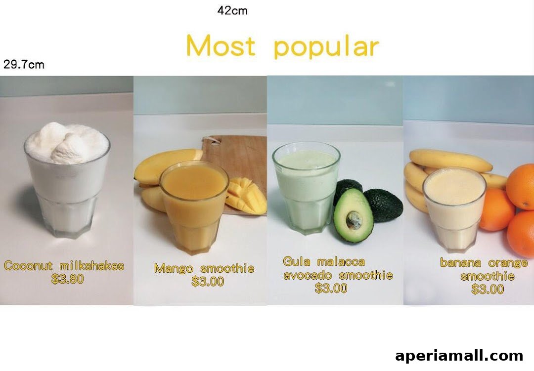 A display of four popular drinks from Wonder Juice, including milkshakes and smoothies with their prices.