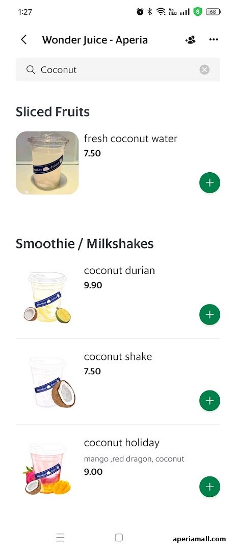 A menu from Wonder Juice showing coconut-themed drinks and smoothies.