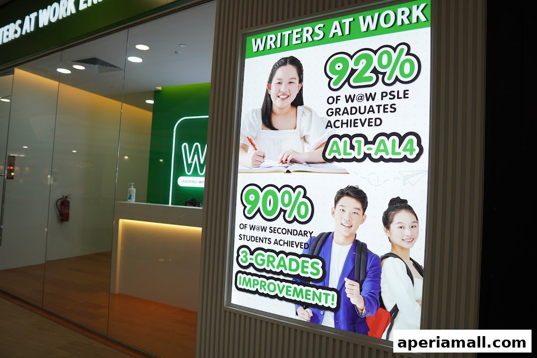 The entrance of Writers at Work enrichment center with a promotional poster.