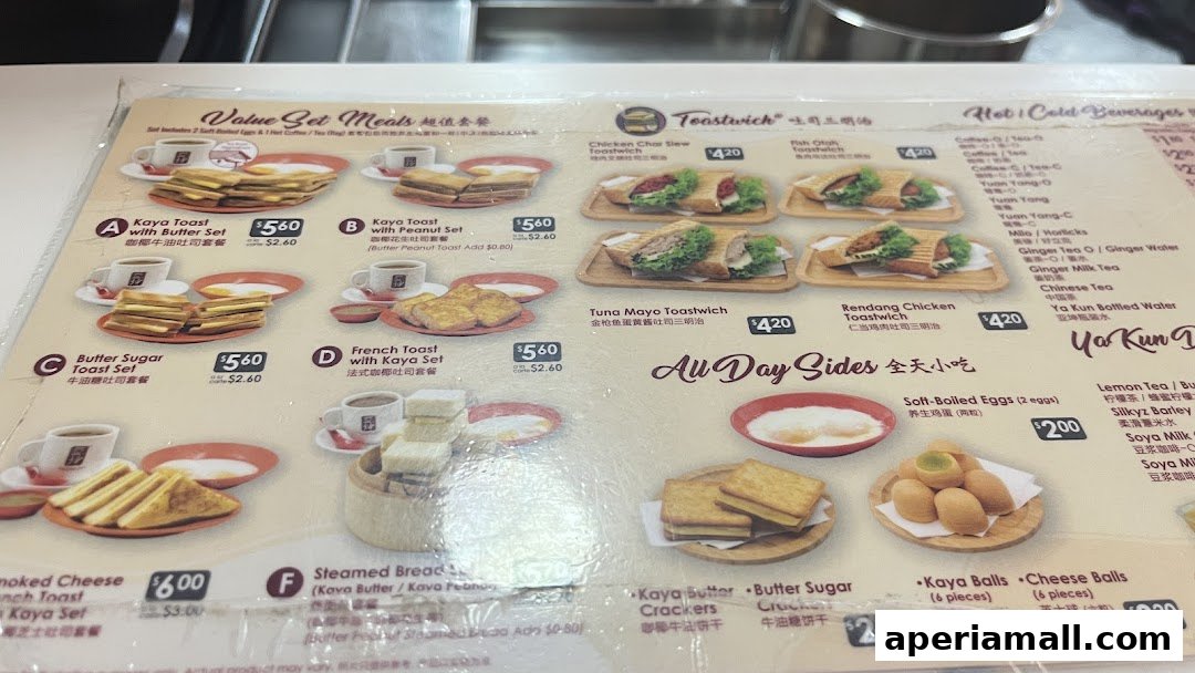 A menu from Ya Kun Kaya Toast featuring set meals, toastwiches, and all-day sides.